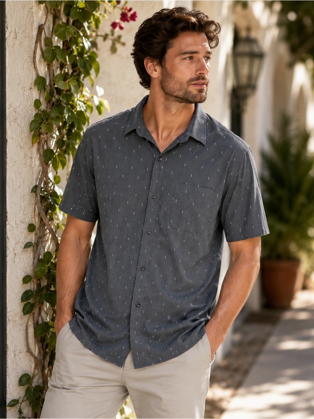 TravisMathew Men’s Gray Short Sleeve Button Front Shirt Geometric Print